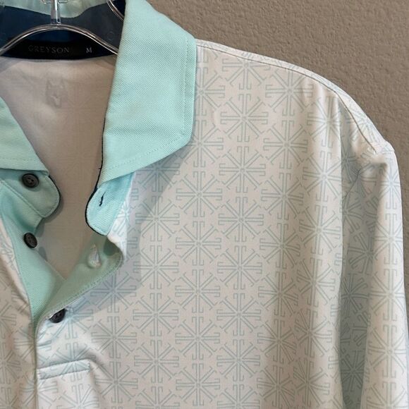 Greyson | M | Lions Tooth Pattern Short Sleeve Polo Shirt Arctic fox white teal - Picture 2 of 11